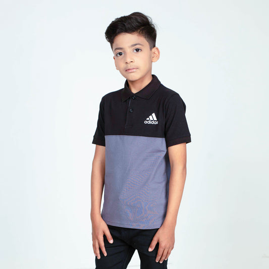 Junior Classic - Cotton Lycra Boys Polo T-Shirt - Black/Grey
