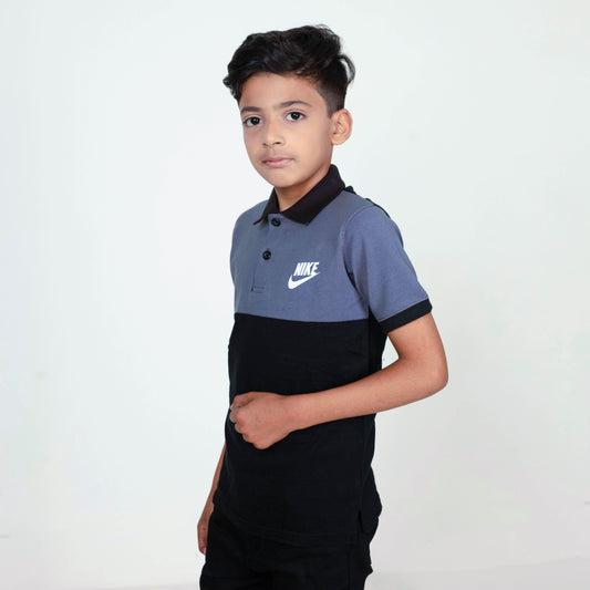 Junior Classic - Cotton Lycra Boys Polo T-Shirt - Grey/Black
